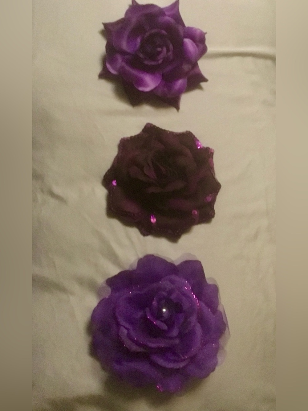 Purple Hue Silk Flower Hair Clip Corsages or Bows Set of 3